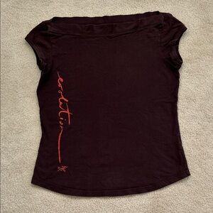 Arc'teryx Women's Dark Burgundy Tee with Orange Script - Size M